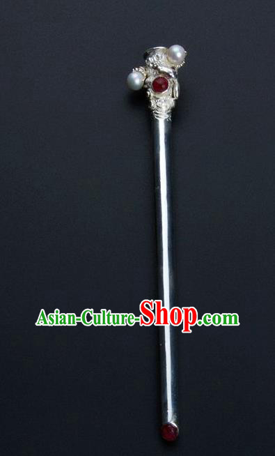 Traditional China Ancient Empress Pearls Hairpin Handmade Hair Ornament Qing Dynasty Palace Silver Hair Stick
