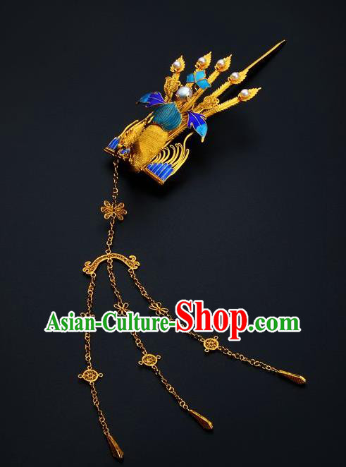 Traditional China Ancient Empress Golden Tassel Hairpin Handmade Hair Ornament Qing Dynasty Palace Cloisonne Phoenix Hair Stick