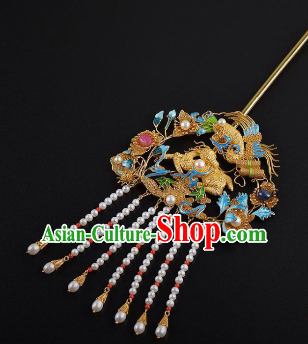 China Traditional Qing Dynasty Palace Cloisonne Hair Stick Handmade Hair Jewelry Ancient Empress Pearls Tassel Phoenix Hairpin