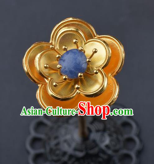 China Handmade Sapphire Hair Jewelry Traditional Ming Dynasty Palace Hairpin Ancient Empress Golden Plum Hair Stick