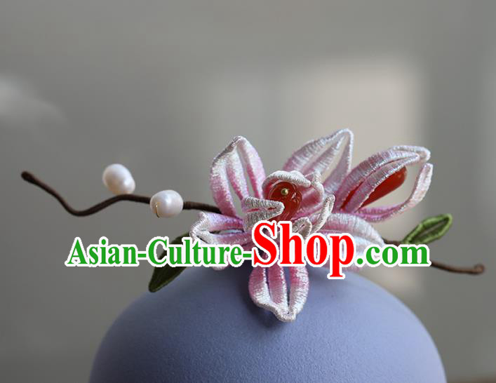Chinese Traditional Wedding Hair Accessories Ancient Bride Hair Stick Hanfu Pink Silk Mangnolia Hairpin
