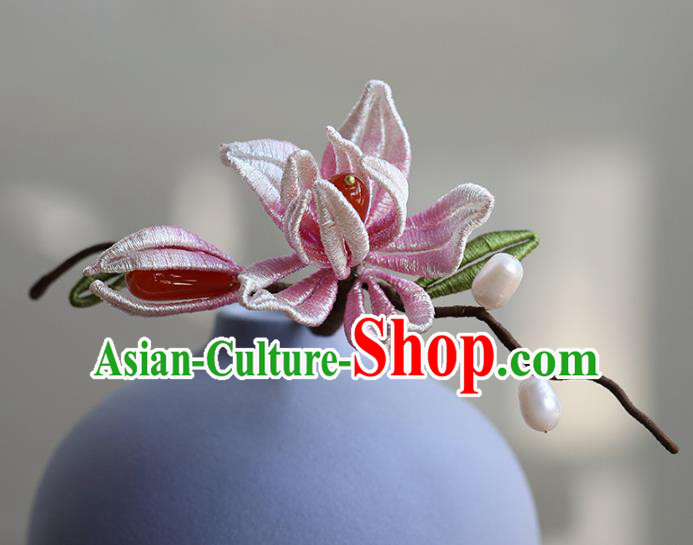Chinese Traditional Wedding Hair Accessories Ancient Bride Hair Stick Hanfu Pink Silk Mangnolia Hairpin