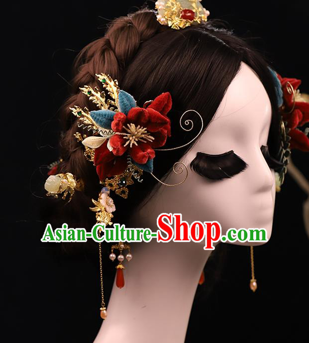 Traditional China Handmade Red Velvet Flower Hair Sticks Ancient Bride Tassel Hairpins Wedding Hair Ornament Full Set