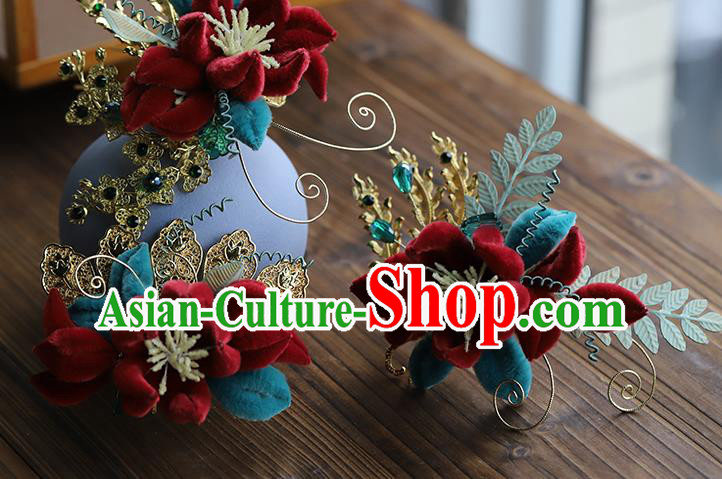 Chinese Hanfu Red Velvet Plum Hairpin Traditional Wedding Hair Accessories Ancient Bride Flowers Hair Sticks