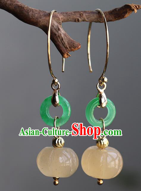 Handmade Chinese Ancient Bride Jade Pumpkin Earrings Jewelry Traditional Wedding Ear Accessories