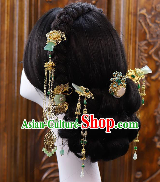 Traditional China Ancient Bride Jade Hairpins Wedding Hair Ornament Handmade Hair Comb Full Set