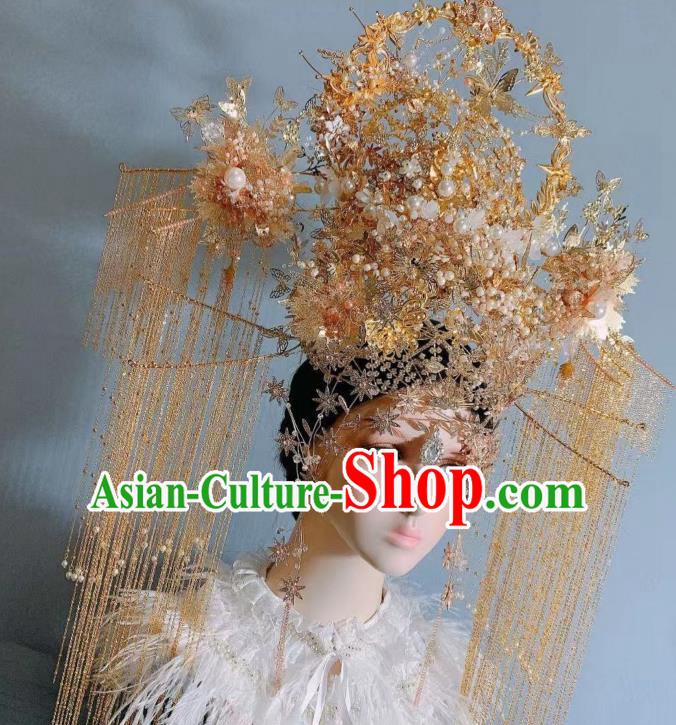 Top Grade Wedding Hair Ornament Stage Show Golden Tassel Phoenix Coronet Handmade Court Queen Deluxe Hair Crown