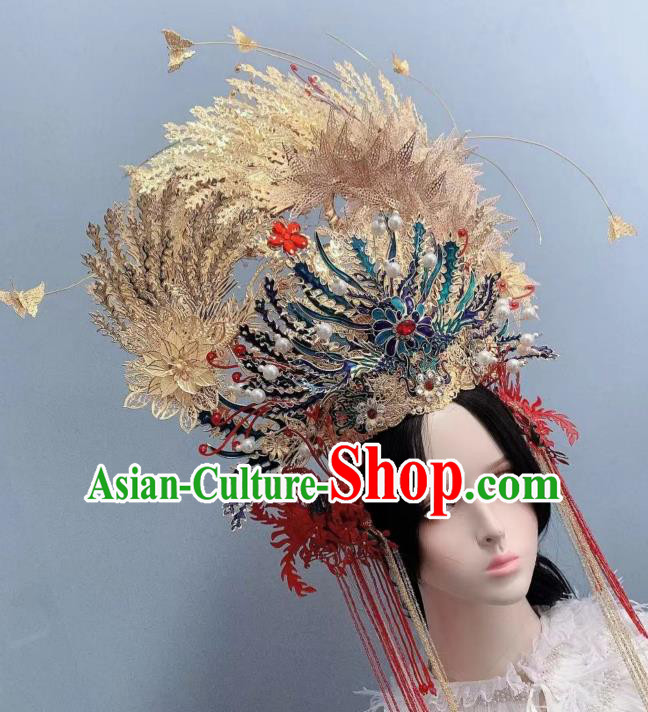 Top Grade Chinese Wedding Hair Ornament Handmade Court Queen Deluxe Hair Crown Stage Show Blueing Phoenix Coronet