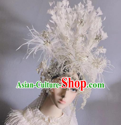 Top Grade Handmade Court Queen Deluxe Hair Accessories Baroque Wedding Bride White Feather Royal Crown Stage Show Hair Ornament