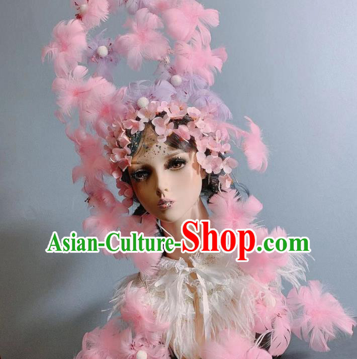 Top Baroque Wedding Bride Pink Feather Royal Crown Court Queen Deluxe Hair Accessories Handmade Stage Show Hair Ornament
