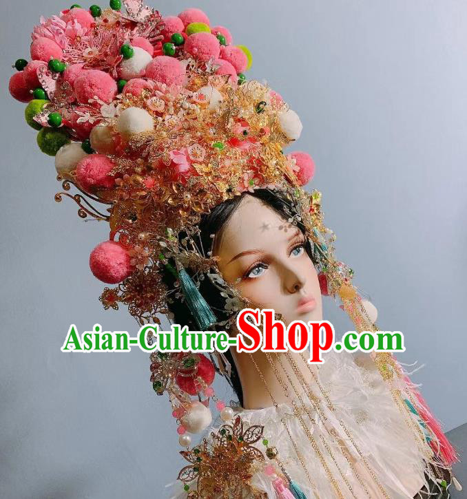 Top Court Handmade Halloween Queen Stage Show Hair Ornament Baroque Wedding Deluxe Headdress Bride Pink Phoenix Coronet
