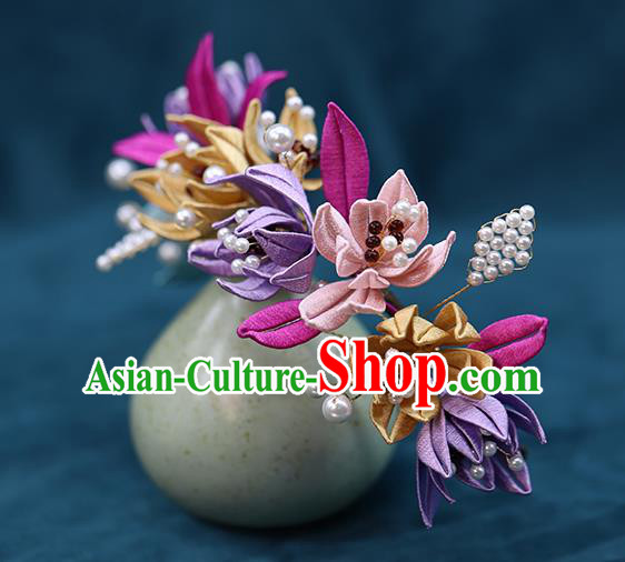 Chinese Traditional Ancient Bride Silk Flowers Hairpin Wedding Hair Accessories Ming Dynasty Hanfu Hair Stick