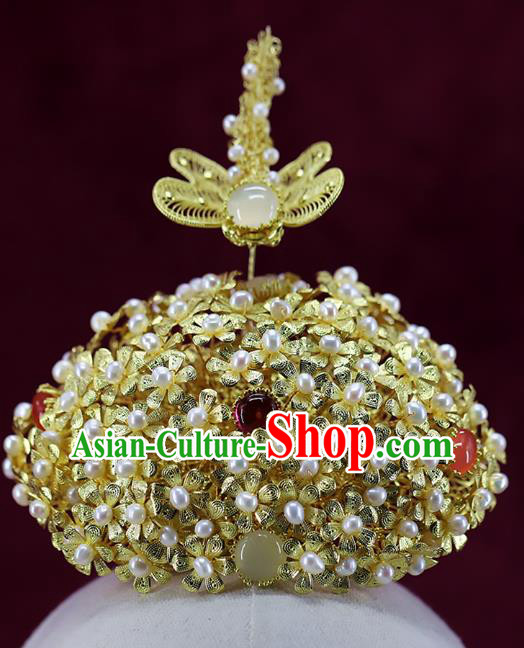 Chinese Ancient Bride Phoenix Coronet Ming Dynasty Golden Dragonfly Hair Crown Traditional Wedding Pearls Hair Accessories