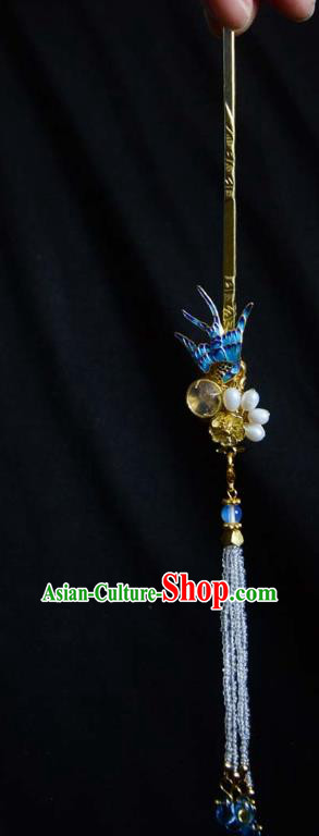 Chinese Traditional Golden Hair Stick Hanfu Hair Accessories Ancient Ming Dynasty Blueing Hairpin