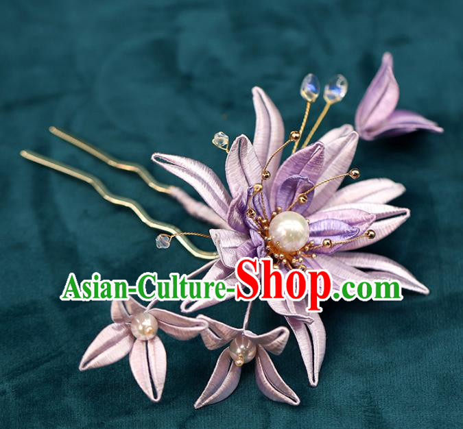 Chinese Traditional Wedding Hair Accessories Hanfu Hair Stick Ancient Bride Purple Silk Epiphyllum Hairpin