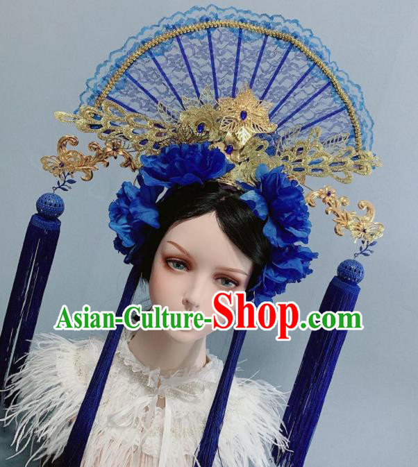 Handmade Chinese Traditional Wedding Hair Accessories Stage Performance Roses Phoenix Coronet Blue Lace Fan Hair Crown