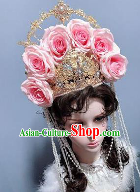 Handmade Baroque Wedding Hair Accessories Cosplay Goddess Headwear Europe Queen Pink Roses Royal Crown