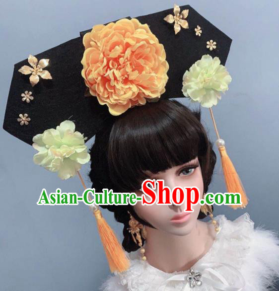 China Ancient Princess Orange Peony Hat Qing Dynasty Palace Lady Headwear Traditional Hair Accessories