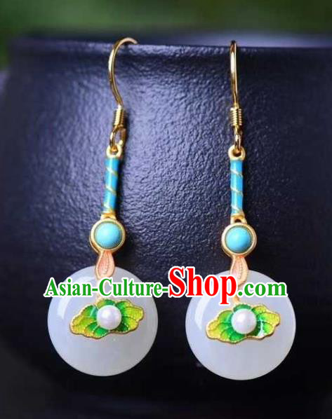 Handmade Chinese Ancient Empress White Jade Earrings Jewelry Traditional Qing Dynasty Court Enamel Lotus Leaf Ear Accessories