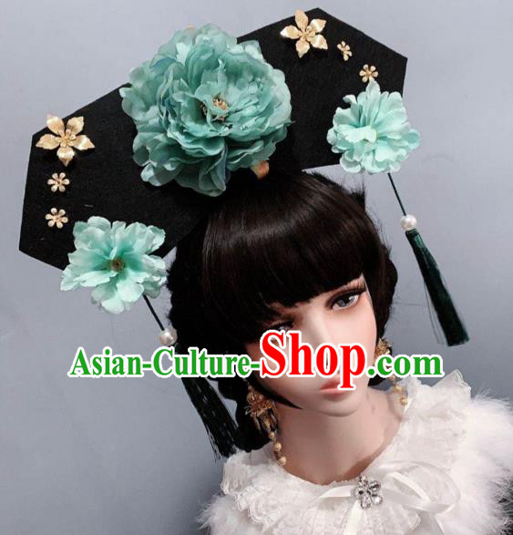China Traditional Qing Dynasty Giant Headwear Ancient Princess Hair Accessories Green Peony Hat