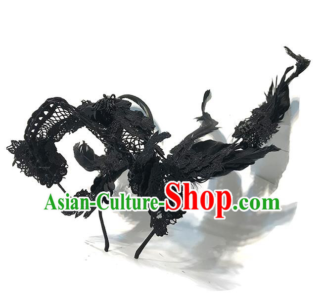 Handmade Stage Show Black Feather Headdress Halloween Cosplay Hair Accessories Gothic Queen Lace Royal Crown