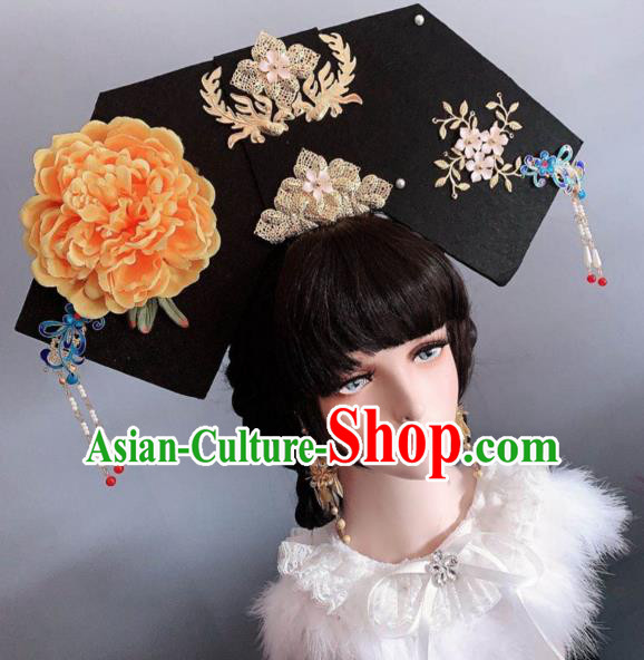 China Qing Dynasty Imperial Consort Orange Peony Hat Traditional Ancient Court Giant Headwear