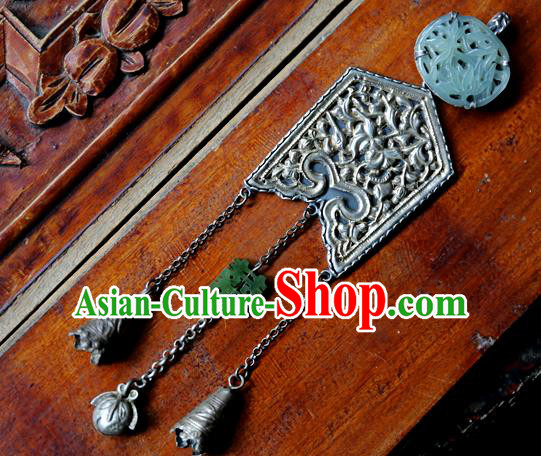 Handmade China Jade Carving Lotus Accessories Traditional Necklace Pendant National Women Silver Tassel Jewelry