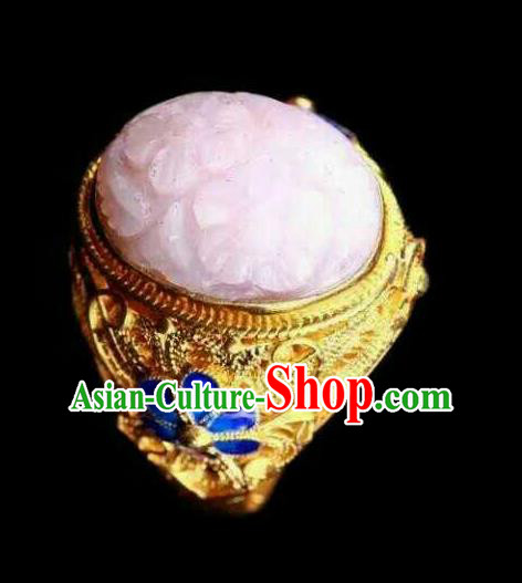 China Ancient Court Queen Carving pink Opal Ring Accessories Traditional Qing Dynasty Cloisonne Jewelry