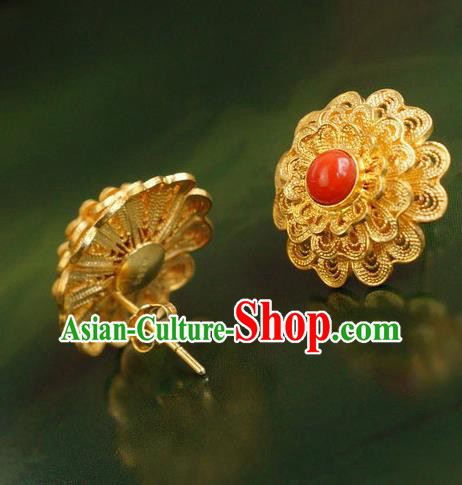 Handmade Chinese Ancient Empress Golden Ear Accessories Traditional Qing Dynasty Palace Ruby Earrings Jewelry