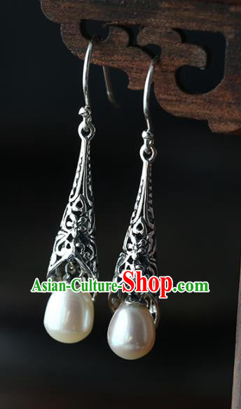 Handmade Chinese Ear Accessories Traditional Silver Carving Earrings Cheongsam Pearl Jewelry