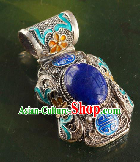 China Traditional National Jewelry Court Accessories Handmade Lapis Silver Necklace Pendant