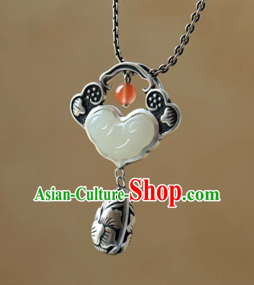 China Handmade Silver Carving Necklace Pendant Classical Accessories Traditional National Jade Cloud Necklet Jewelry