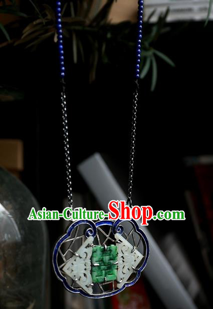 Handmade China Qing Dynasty Blueing Wedding Accessories National Jade Necklace Pendant Traditional Silver Jewelry