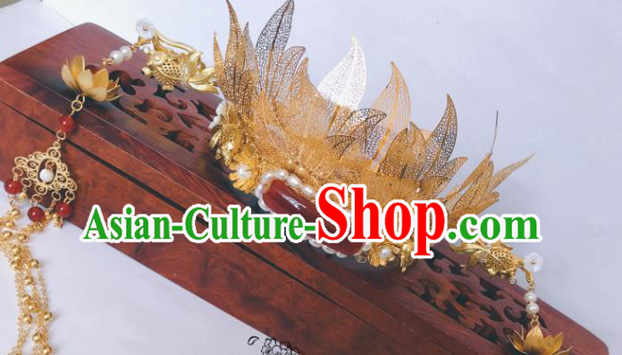 China Tang Dynasty Golden Phoenix Coronet Traditional Hanfu Hair Accessories Ancient Queen Agate Hair Crown