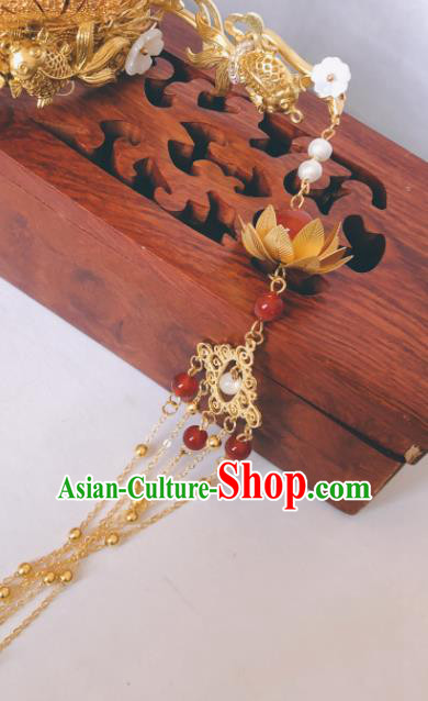 China Ming Dynasty Golden Phoenix Coronet Traditional Hanfu Hair Accessories Ancient Queen Agate Hair Crown