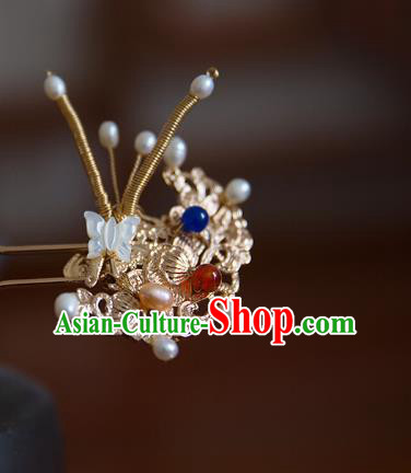 China Ming Dynasty Pearls Butterfly Hair Stick Traditional Hanfu Hair Accessories Ancient Imperial Consort Golden Hairpin