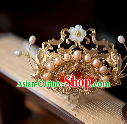 China Ming Dynasty Pearls Hair Crown Traditional Hanfu Hair Accessories Ancient Court Lady Agate Golden Hairpin