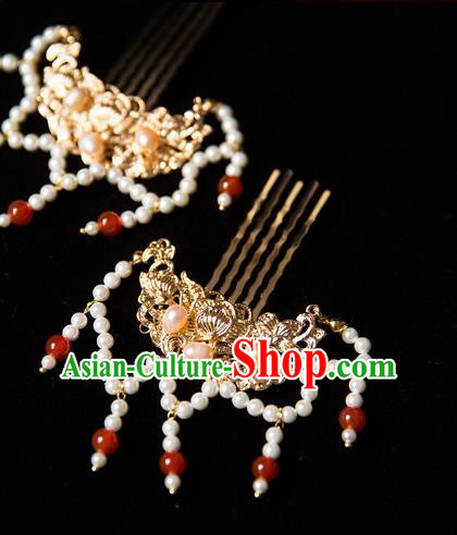 China Ming Dynasty Pearls Hairpin Traditional Hanfu Hair Accessories Ancient Court Lady Golden Hair Combs