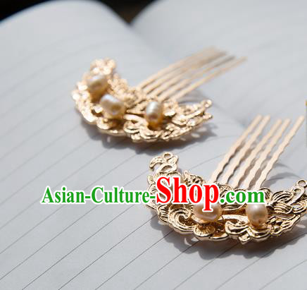 China Tang Dynasty Pearls Hairpin Traditional Hanfu Hair Accessories Ancient Princess Golden Hair Combs