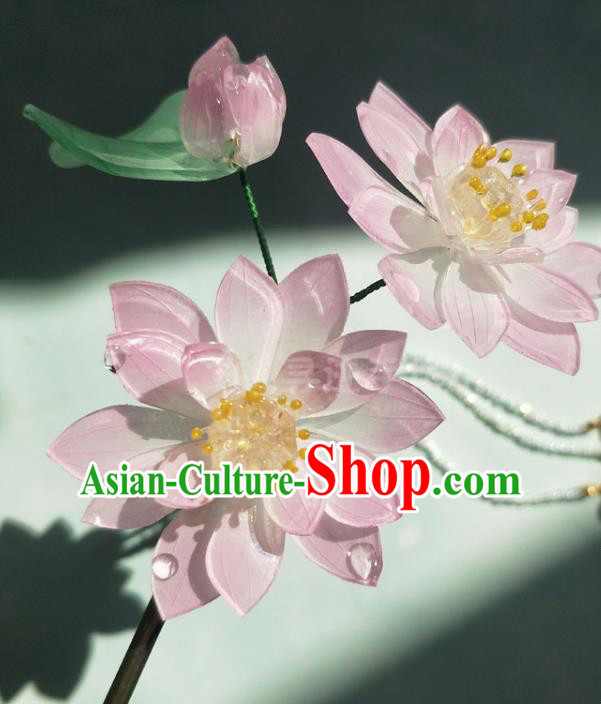 China Ming Dynasty Pink Lotus Hair Stick Traditional Hanfu Hair Accessories Ancient Princess Tassel Hairpins