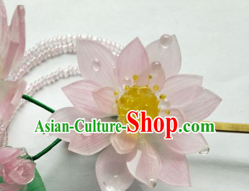 China Ming Dynasty Pink Lotus Hair Stick Traditional Hanfu Hair Accessories Ancient Princess Tassel Hairpins