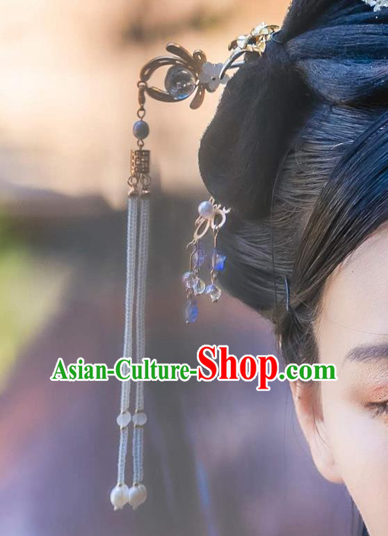China Ming Dynasty Beads Tassel Hairpin Ancient Court Woman Brass Hair Crown Traditional Hanfu Hair Accessories