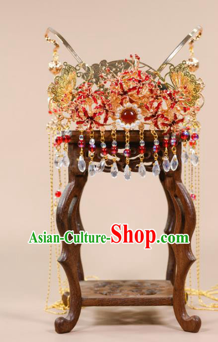 China Ancient Bride Wedding Hair Crown Traditional Hanfu Ming Dynasty Hair Accessories Tassel Hairpin