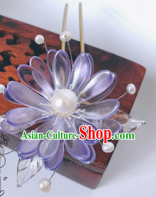 China Traditional Hanfu Hair Stick Qing Dynasty Palace Hair Accessories Ancient Court Lady Violet Chrysanthemum Hairpin