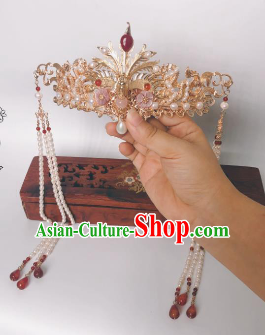 China Ming Dynasty Phoenix Coronet Traditional Hanfu Hairpin Hair Accessories Ancient Court Empress Pearls Tassel Hair Crown