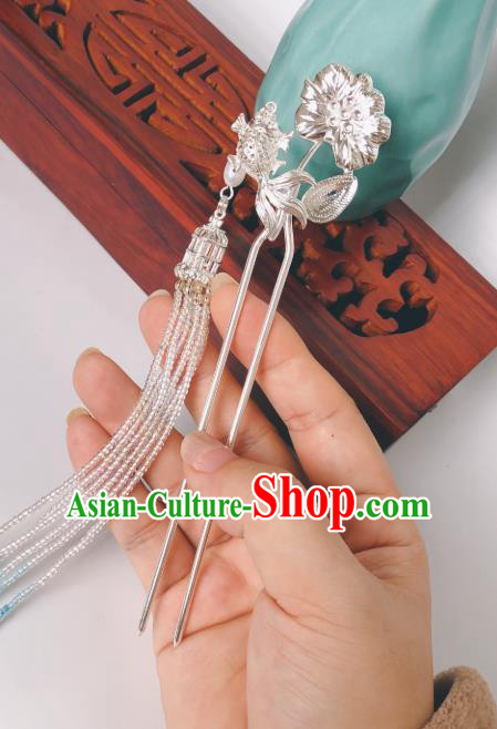 China Ming Dynasty Argent Lotus Fish Hair Stick Traditional Hanfu Hair Accessories Ancient Court Empress Beads Tassel Hairpin