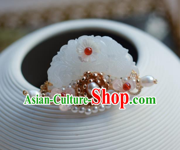 China Ancient Ming Dynasty Princess White Jade Hair Crown Traditional Hanfu Hair Accessories Court Hairpin