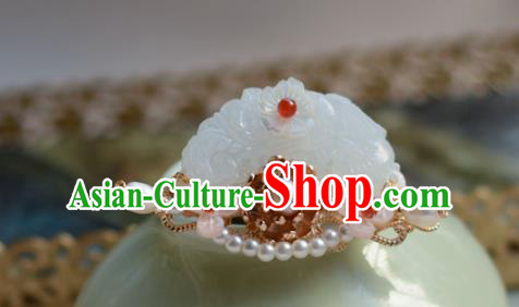 China Ancient Ming Dynasty Princess White Jade Hair Crown Traditional Hanfu Hair Accessories Court Hairpin