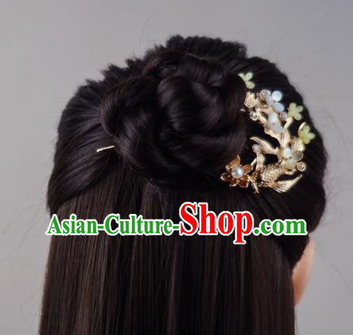 China Ming Dynasty Golden Fish Lotus Hairpin Classical Cheongsam Hair Stick Traditional Hair Accessories