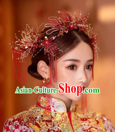 China Handmade Red Silk Hair Comb Traditional Wedding Xiuhe Suit Headwear Bride Hair Accessories Tassel Hairpins Complete Set